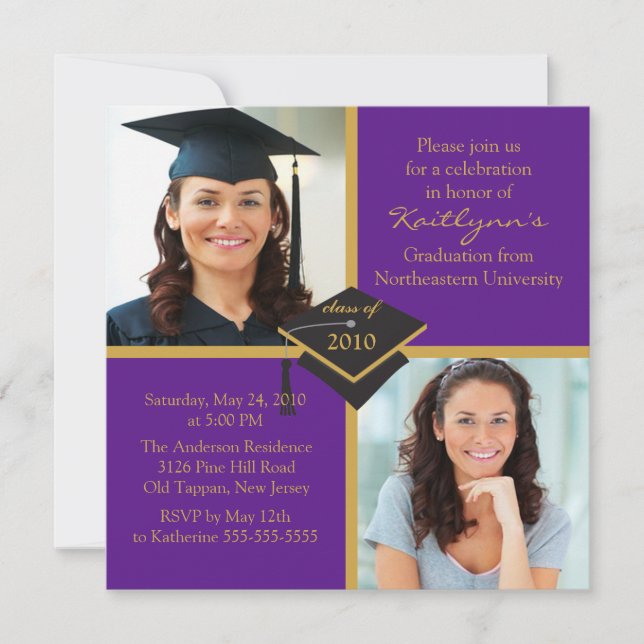 Invitation de diplôme avec photo Purple & Gold (Devant)