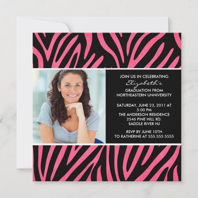 Invitation de diplôme avec photo rose Zebra Imprim (Devant)
