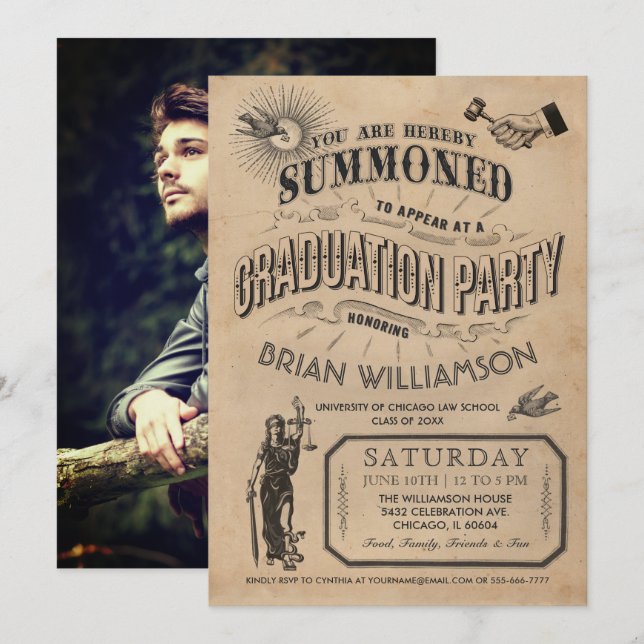 Invitation de diplôme de l'école de droit Rétro (Devant / Derrière)