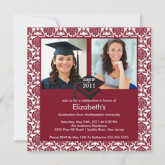 Invitation de diplôme de Maroon & White Damask (Devant)