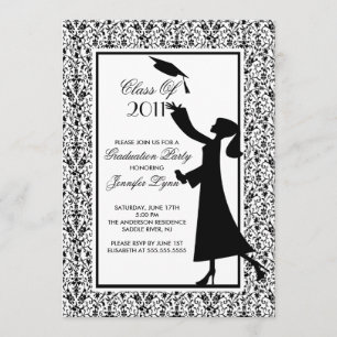 Invitation de diplôme en damas noir Silhouette Gra