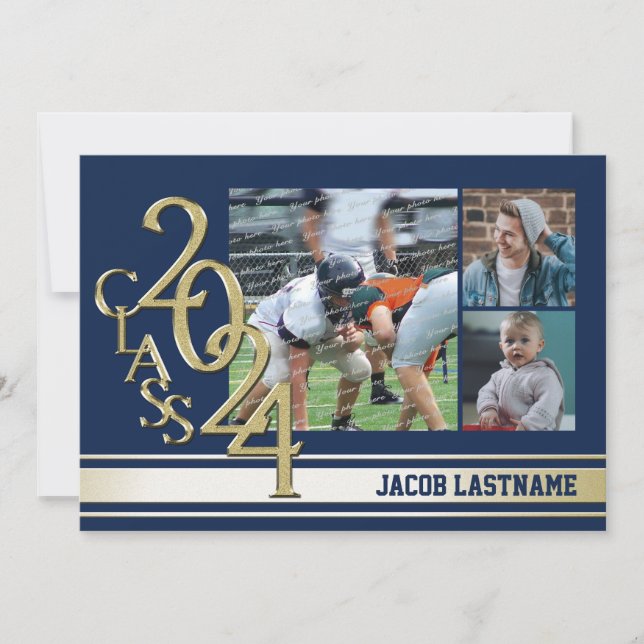 Invitation de diplômé en or avec photo triple rayu (Devant)