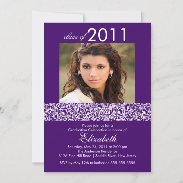 Invitation de diplôme en photo violet et blanc (Devant)