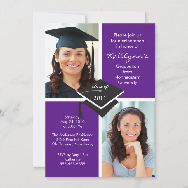 Invitation de diplôme en photo violet et blanc (Devant)