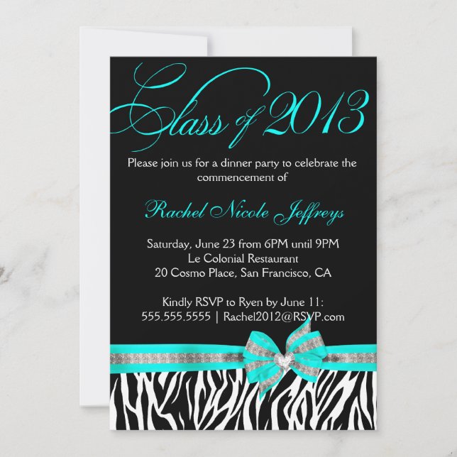 Invitation de diplôme en zèbre Turquoise noir (Devant)