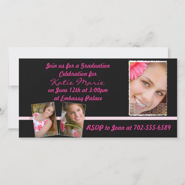 Invitation de diplôme rose et noir (Devant)