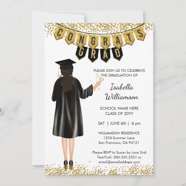 Invitation de diplôme unique Cheveux Brown (Devant)