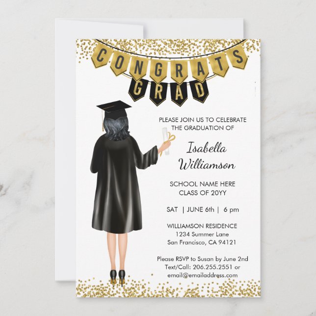 Invitation de diplôme unique Cheveux noirs (Devant)