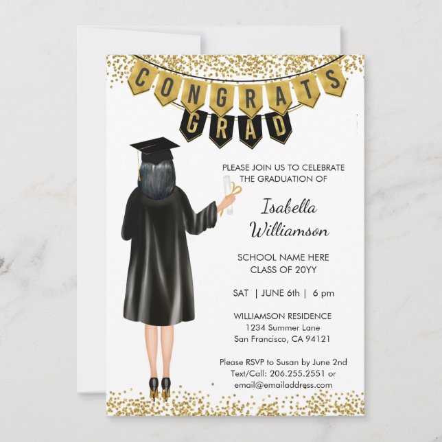 Invitation de diplôme unique Cheveux noirs (Devant)