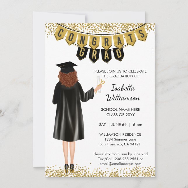 Invitation de diplôme unique Cheveux rouges (Devant)