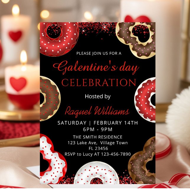 Invitation de Donuts pour la Fête de Galentine (Red Glitter Galentine's Day Brunch Donuts Invitation)