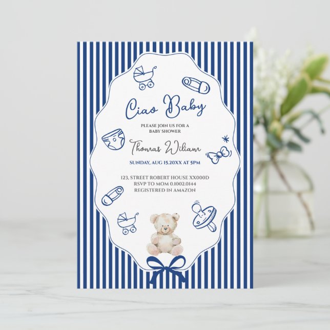 Invitation de douche bébé bleu Ciao bambino (Debout devant)