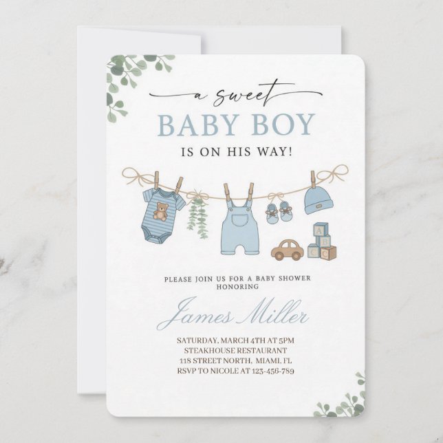 Invitation de douche bébé garçon Pastel Blue Cloth (Devant)