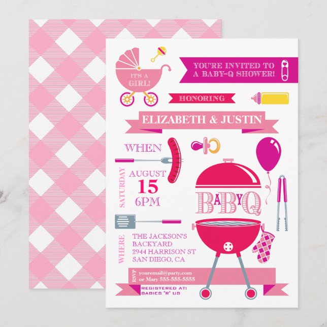 Invitation de douche de bébé fille moderne BBQ (Devant / Derrière)