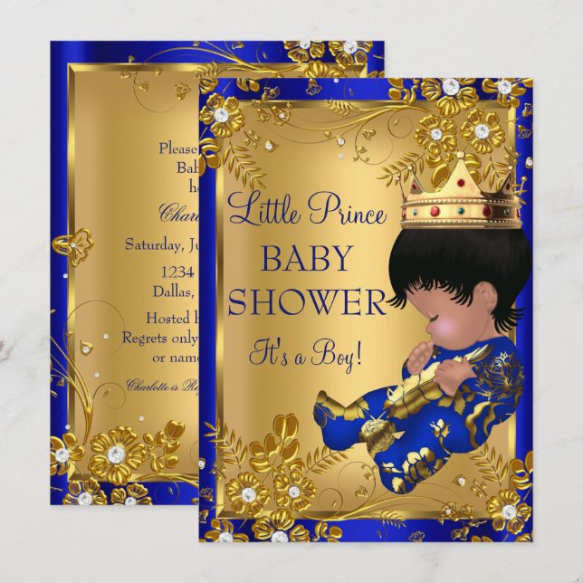 Invitation de douche de bébé garçon en or et bleu  (Devant / Derrière)