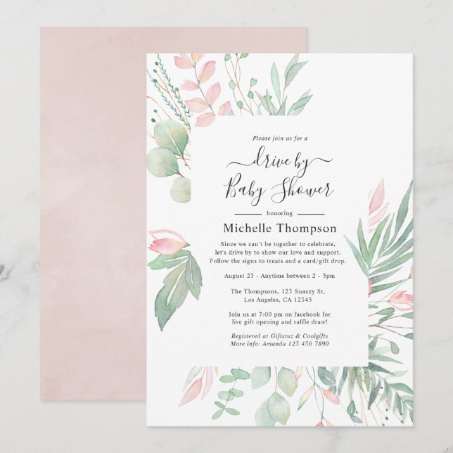 Invitation de douche de bébé Pastel Blush Greenery (Devant / Derrière)
