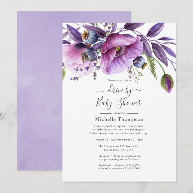 Invitation de douche de bébé Pastel Violet Poppy F (Devant / Derrière)