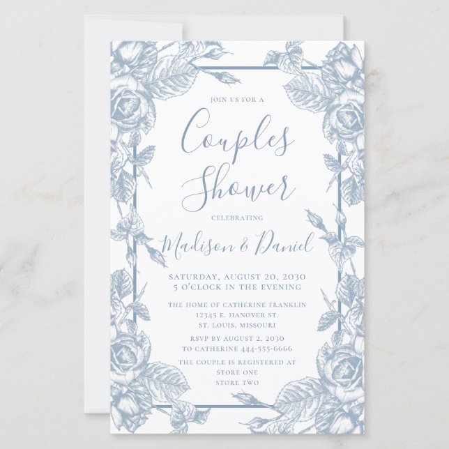 Invitation de douche de couple florale bleu poussi (Devant)