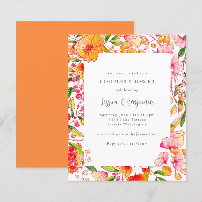 Invitation de douche de couple florale rose orange (Devant / Derrière)
