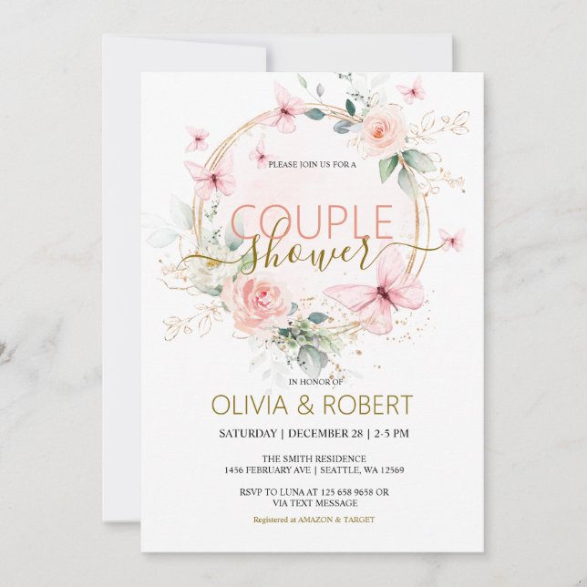 Invitation de douche de couple Papillons et fleurs (Devant)