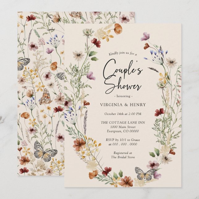 Invitation de douche de couples florale Boho (Devant / Derrière)