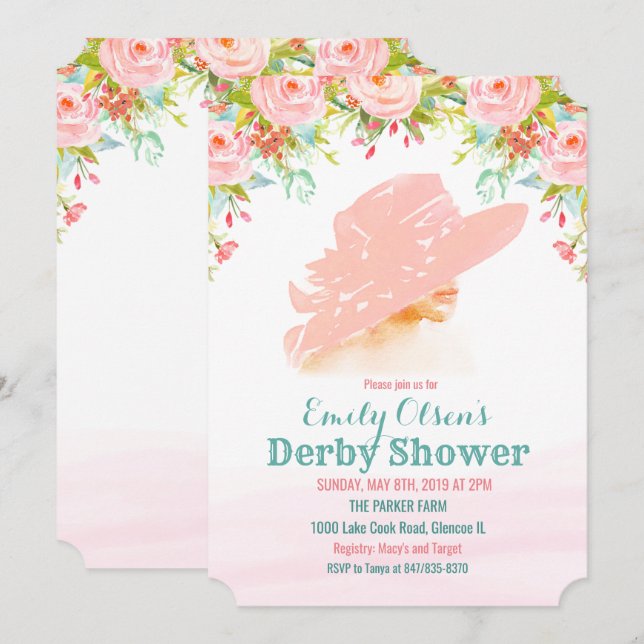 Invitation de douche de Derby Floral Chapeau Aquar (Devant / Derrière)