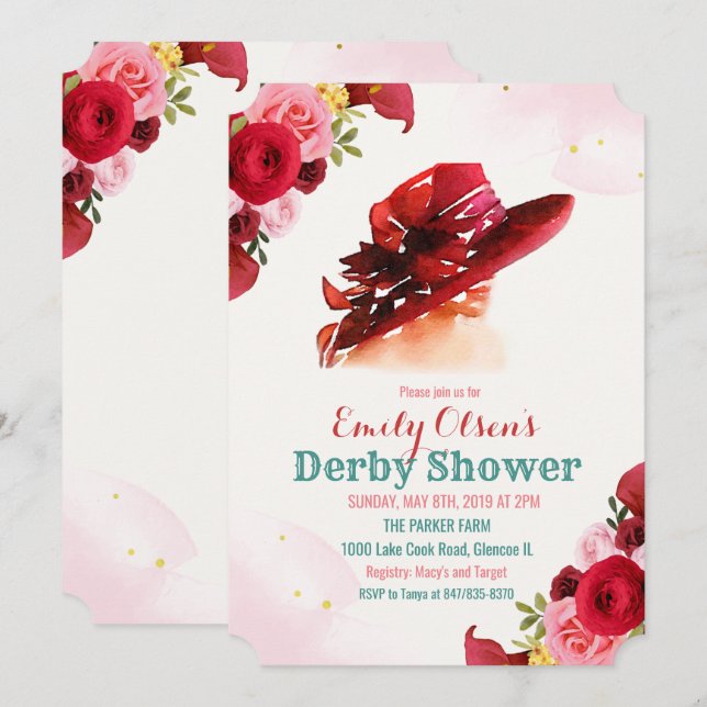 Invitation de douche de Derby Floral Chapeau Aquar (Devant / Derrière)