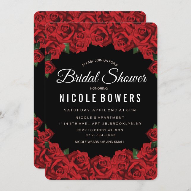 Invitation de douche de mariage aux roses rouges r (Devant / Derrière)