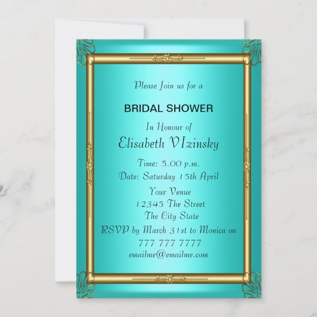 Invitation de douche de mariage sarcelle (Devant)