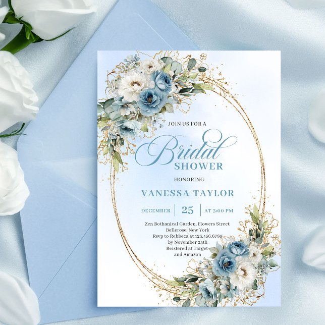 Invitation de douche de mariée à fleurs bleues pou (Soft Dusty Blue Floral Script Bridal Shower Invitation)