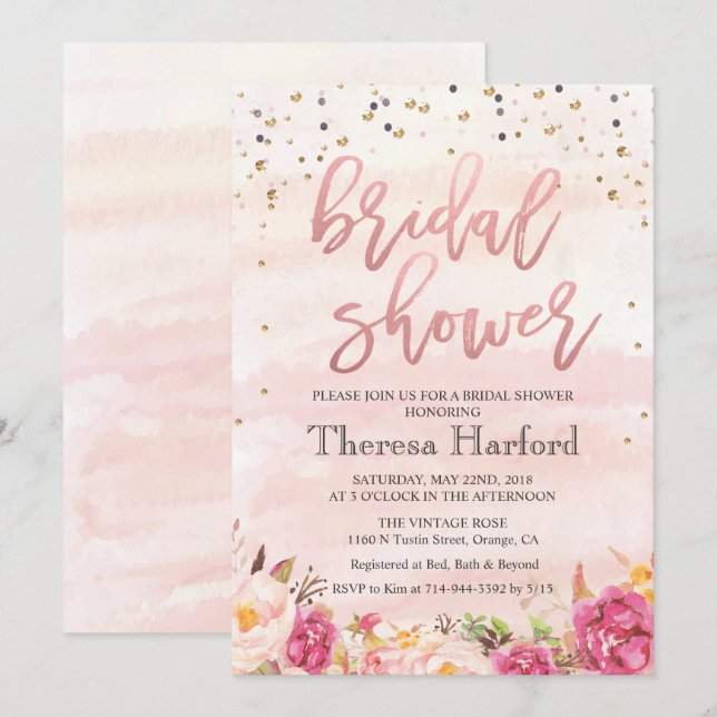 Invitation de douche de mariée avec confettis à l' (Devant / Derrière)