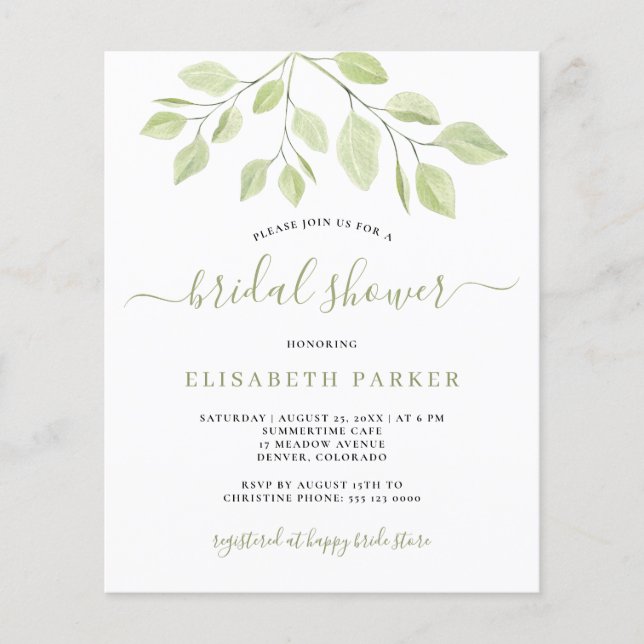 Invitation de douche de mariée avec feuillage verd (Devant)