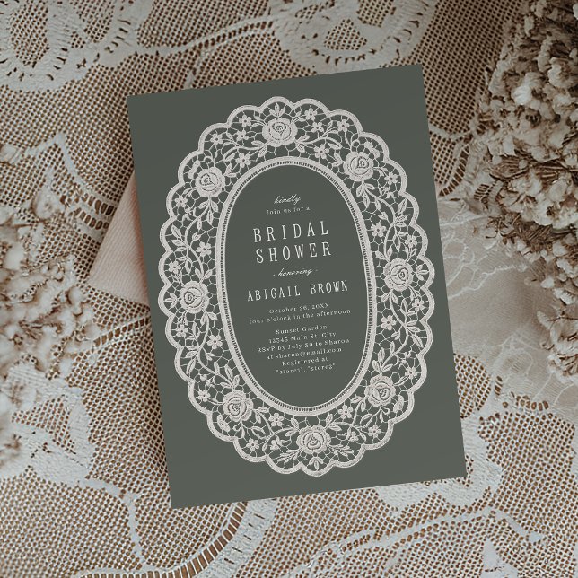 Invitation de douche de mariée en dentelle florale (Sage Green Floral Vintage Lace Bridal Shower Invitation)