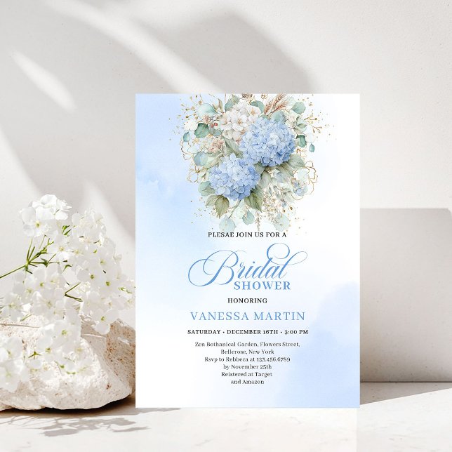 Invitation de douche de mariée florale bleue Soft  (Soft Boho Blue Floral Bridal Shower Gold Invitation)