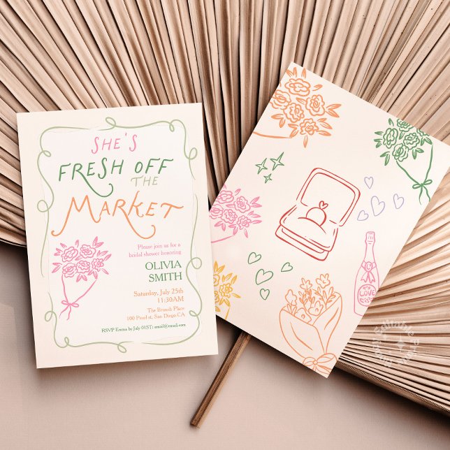 Invitation de douche de mariée Fraîche du Marché (fresh off the market bridal shower, bridal shower doodle whimsical)