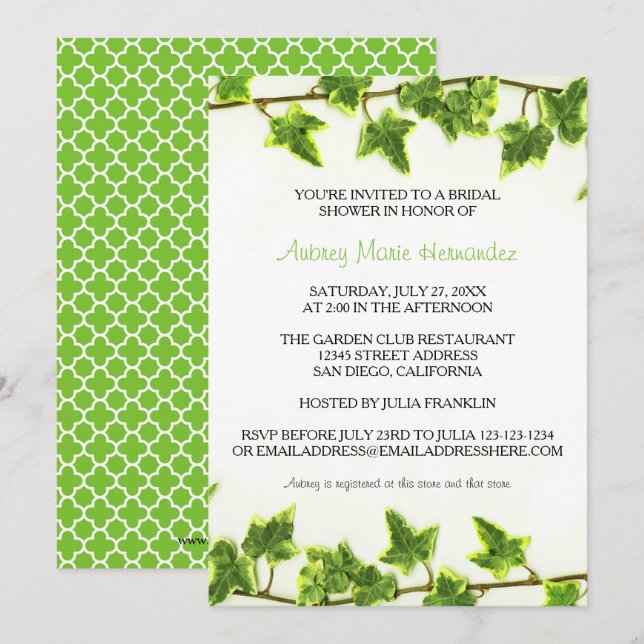 Invitation de douche de mariée - Lierre vert (Devant / Derrière)