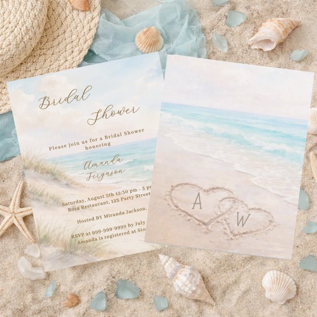 Invitation de douche de mariée Plage coeurs initia (Créateur téléchargé)