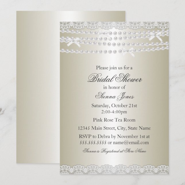 Invitation de douche de mariée Pretty Lace & Pearl (Devant / Derrière)
