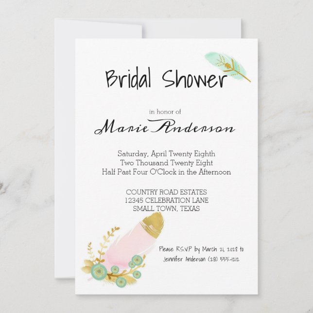 Invitation de douche de plumes rose et or Boho (Devant)