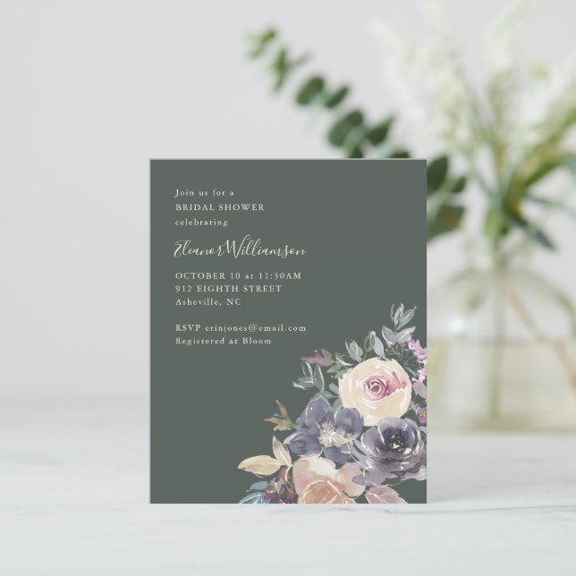 Invitation de douche florale aquarelle Dark Sage à (Debout devant)