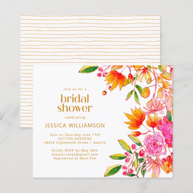 Invitation de douche florale aquarelle rose orange (Devant / Derrière)