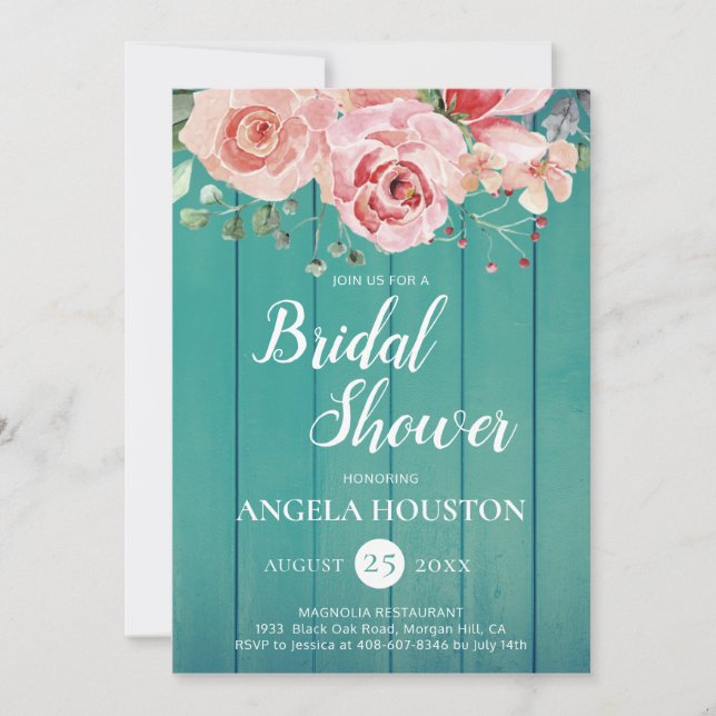 Invitation de douche Florale Rose Blush Bleu Sarce (Devant)
