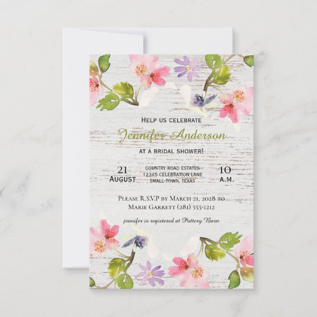 Invitation de douche Florale Rose Rustique sur Boi (Devant)