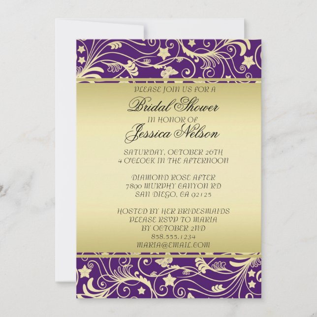 Invitation de douche luxueux Gold Purple Floral (Devant)
