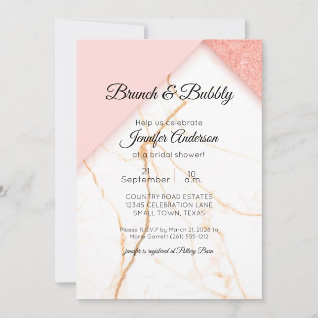 Invitation de douche moderne en marbre rose et or (Devant)