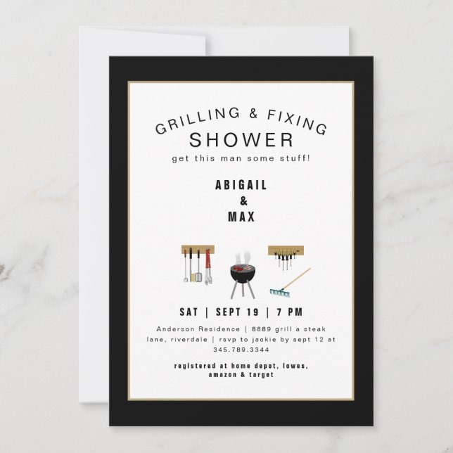 Invitation de douche noire pour couples de grillad (Devant)
