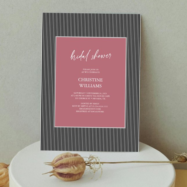Invitation de douche nuptiale à cadre rayé Dusty R (Modern Stripes & Rose Gold Bridal Shower Invitation Personalized)