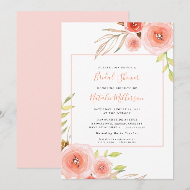 Invitation de douche nuptiale à fleurs roses tenda (Devant / Derrière)
