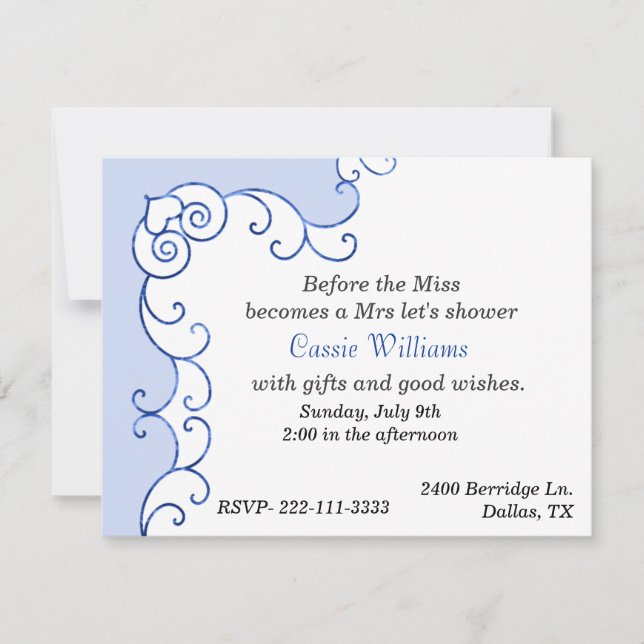 Invitation de douche nuptiale bleu et blanc (Devant)
