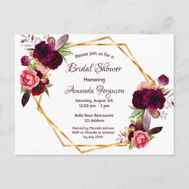 Invitation de douche nuptiale bordeaux fleurie boh (Devant)